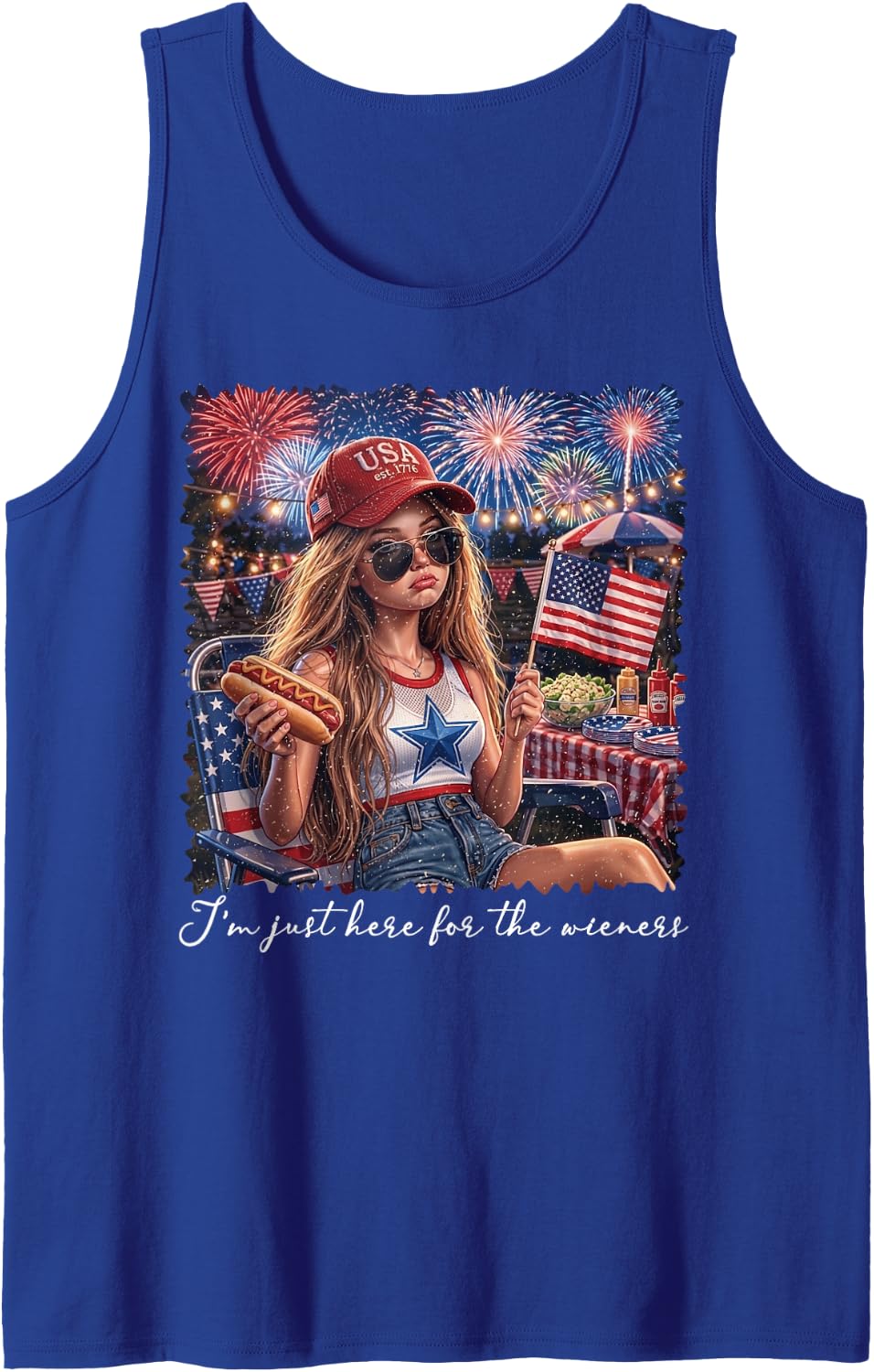 I'm Just Here for The Wieners Funny Doll Face Meme July 4th Tank Top - Royal Blue