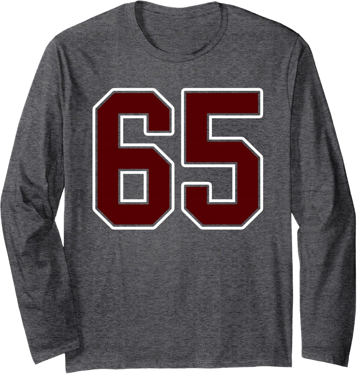 Maroon and White Number 65 Jersey Player Uniform #65 Fan Long Sleeve T-Shirt - Adult Unisex Dark Heather Grey