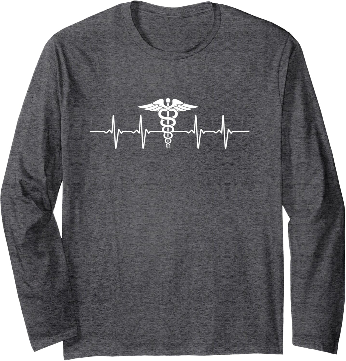 Medical Pulse: Caduceus Heartbeat Long Sleeve T-Shirt - Adult Unisex Dark Heather Grey