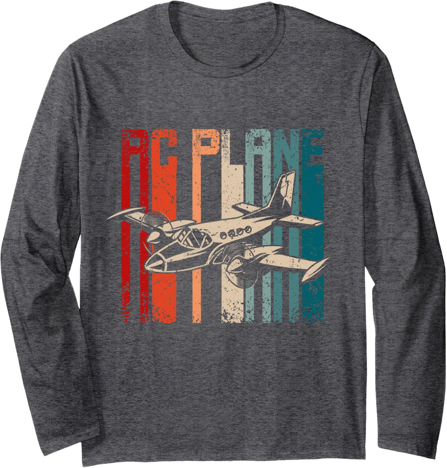 Retro Vintage RC Plane Long Sleeve T-Shirt - Adult Unisex Dark Heather Grey