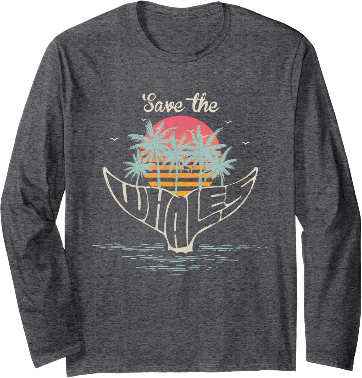 Save The Whales, Retro Orca, Killer Whale Long Sleeve T-Shirt - Adult Unisex Dark Heather Grey
