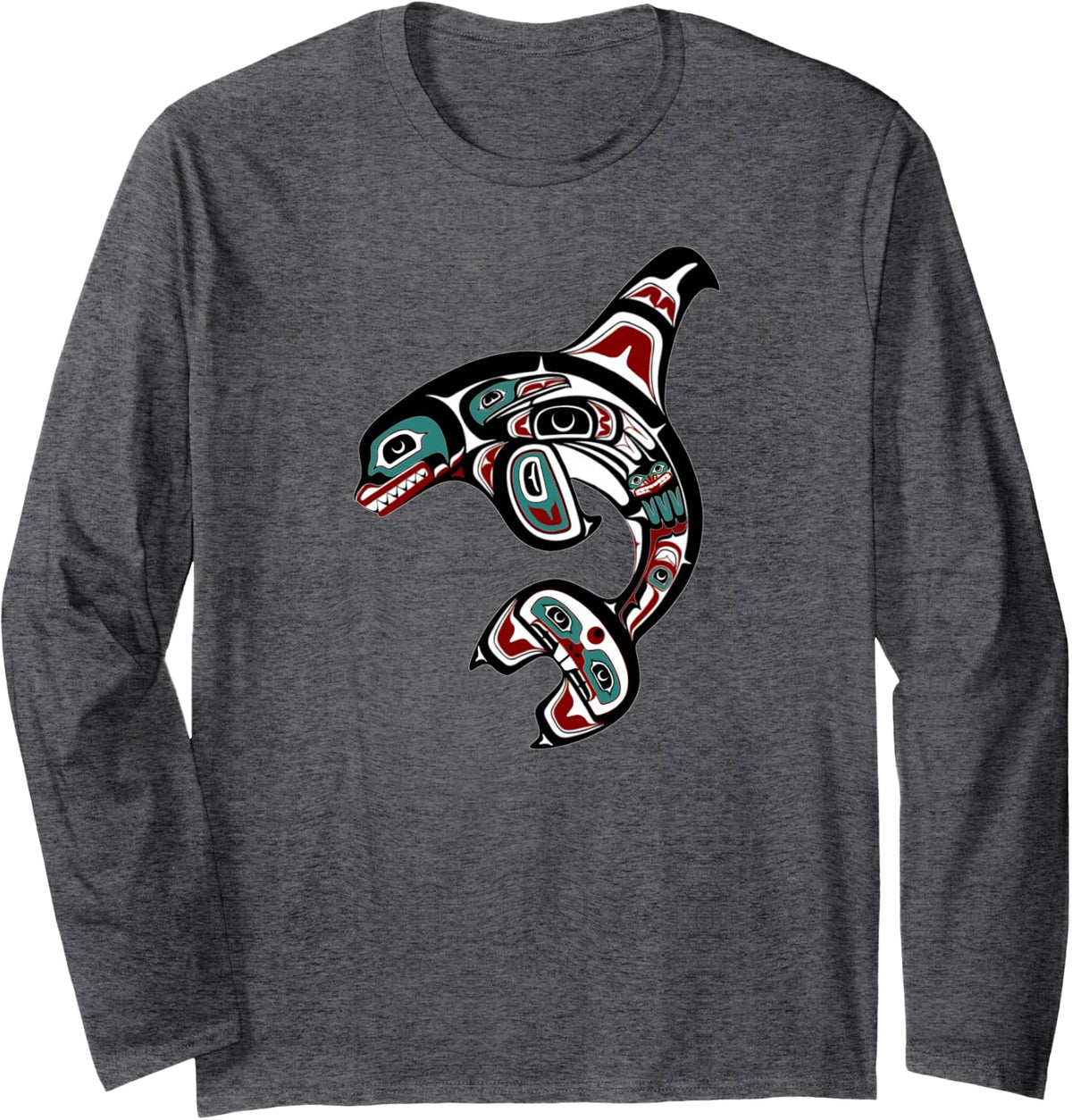 Orca Killer Whale Pacific Northwest Alaska Native American Long Sleeve T-Shirt - Adult Unisex Dark Heather Grey