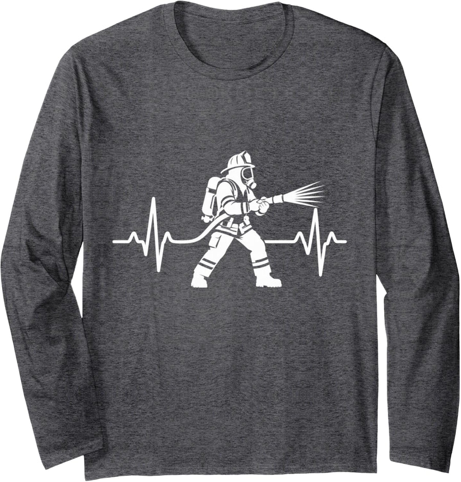 Firefighter Heartbeat Design Fireman Firewoman Rescue Crew Long Sleeve T-Shirt - Adult Unisex Dark Heather Grey