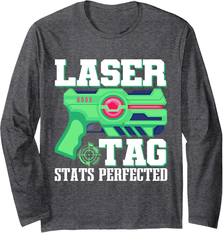 Laser Tag Stats Perfected Design For Tag Players Laser Tag Long Sleeve T-Shirt - Adult Unisex Dark Heather Grey