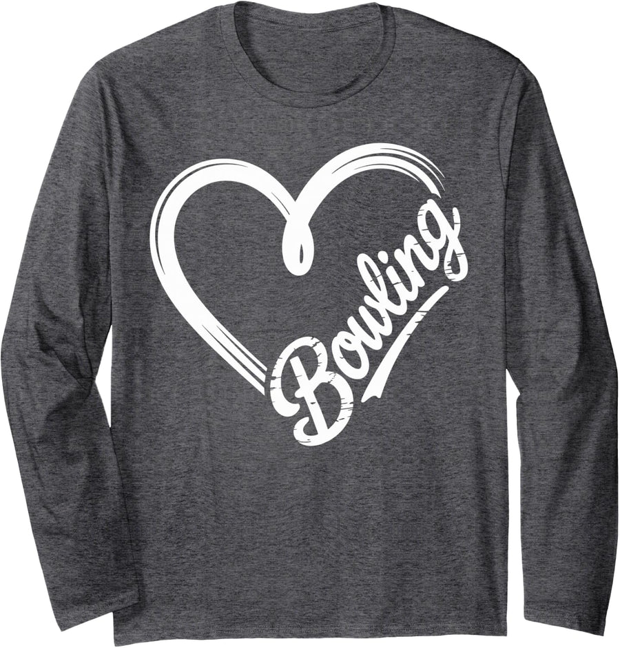 Heart Bowling Funny Bowler Long Sleeve T-Shirt - Adult Unisex Dark Heather Grey