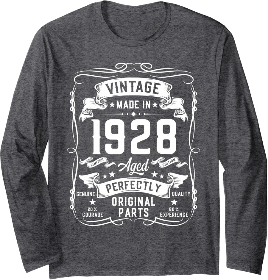 Vintage 1928 98yr 98th Birthday Gifts for Men 98 Years Old Long Sleeve T-Shirt - Adult Unisex Dark Heather Grey