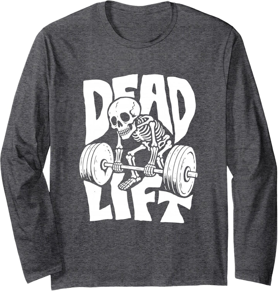 Dead Lift Weightlifting Weightlifter Skeleton Halloween Long Sleeve T-Shirt - Adult Unisex Dark Heather Grey