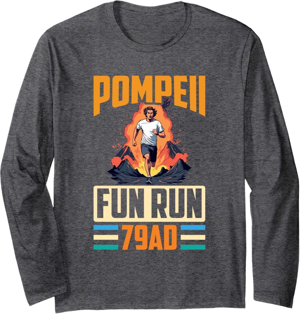 Pompeii Fun Run Volcanology 79 AD Retro Vintage Runner Long Sleeve T-Shirt - Adult Unisex Dark Heather Grey
