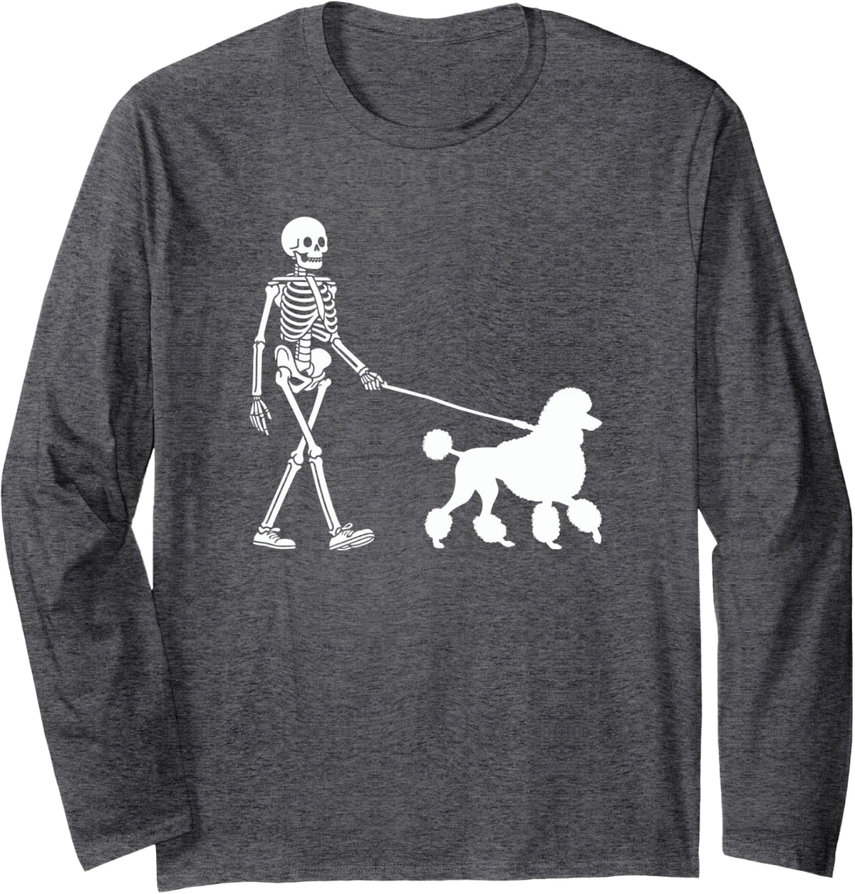 Skeleton Walking a Dog Poodle Halloween Outfit Long Sleeve T-Shirt - Adult Unisex Dark Heather Grey