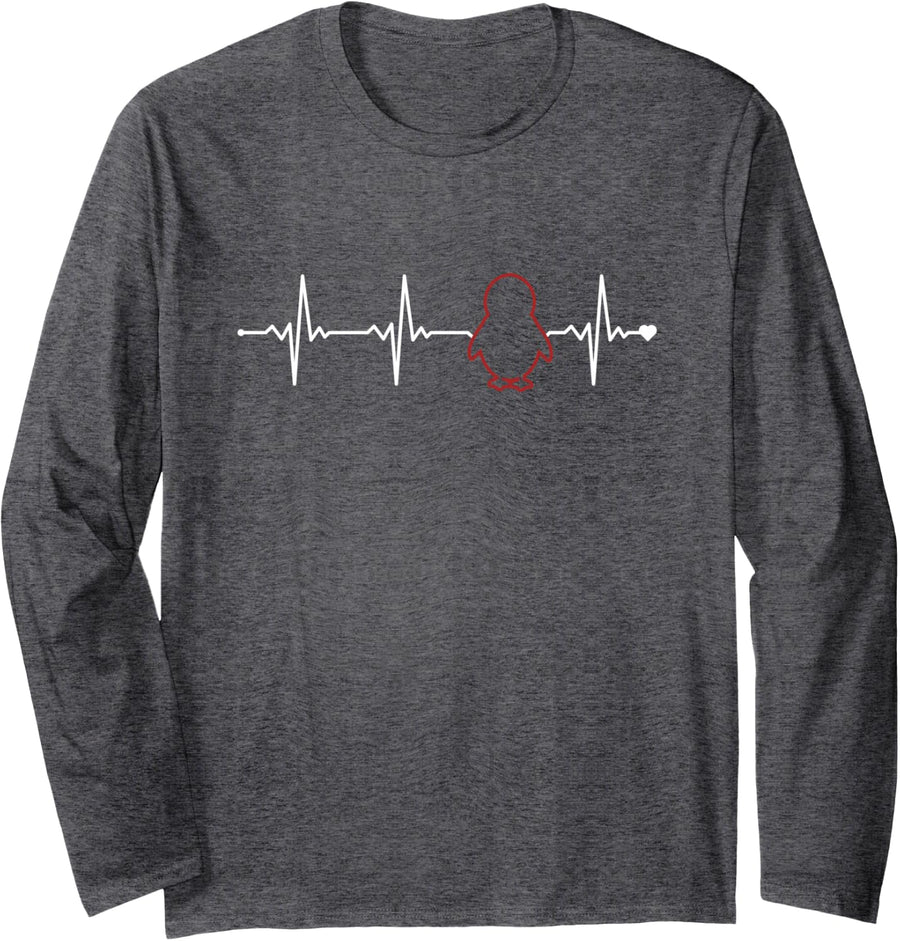 Penguin Heartbeat King Emperor Sea Bird Penguin Long Sleeve T-Shirt - Adult Unisex Dark Heather Grey