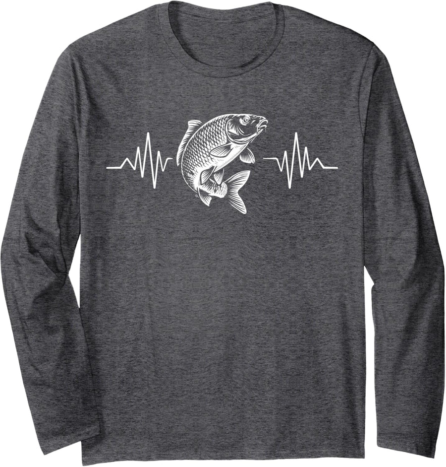 Carp Fishing Funny Heartbeat for Anglers Long Sleeve T-Shirt - Adult Unisex Dark Heather Grey