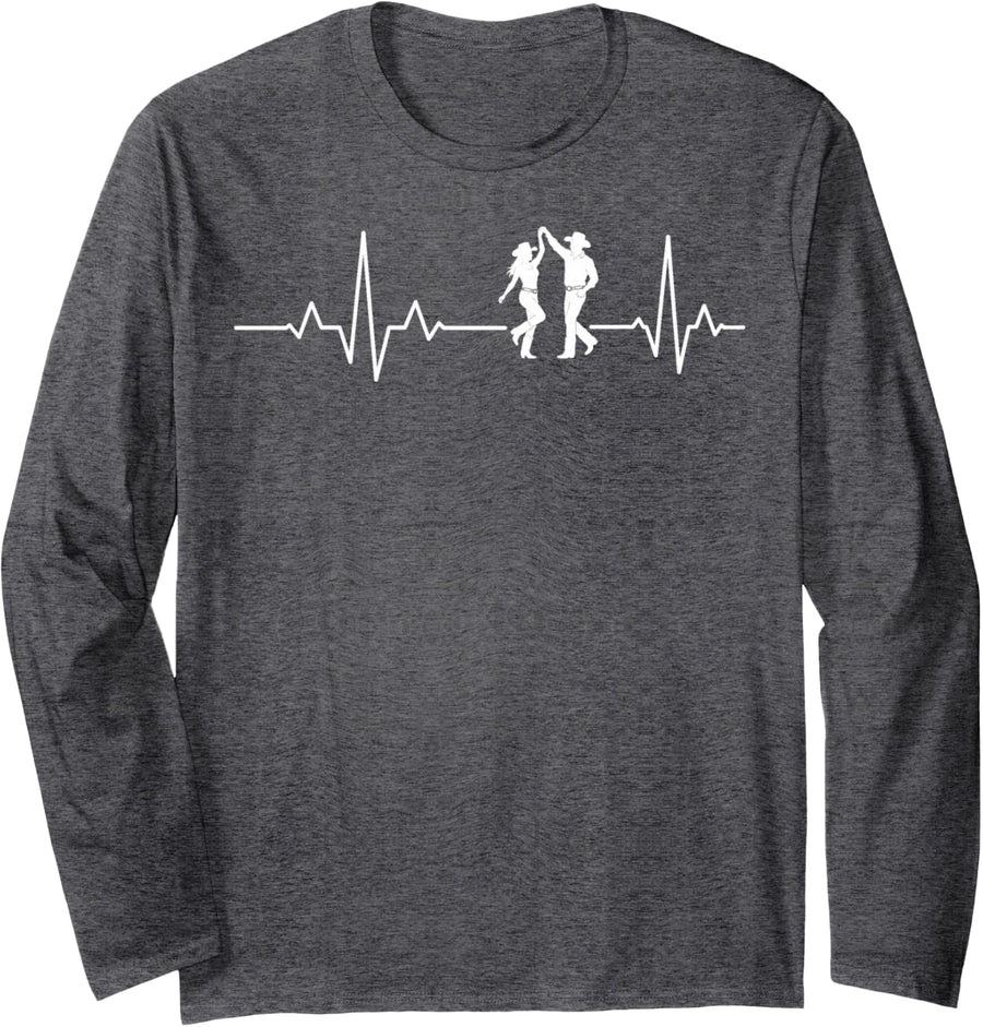 Line Dancing Heartbeat Country Western Dance Long Sleeve T-Shirt - Adult Unisex Dark Heather Grey