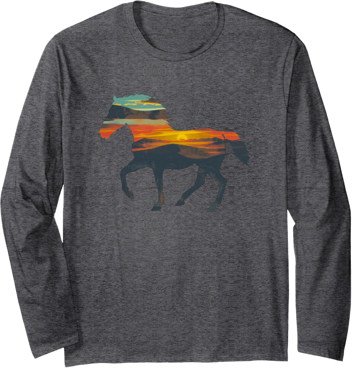 Horse Silhouette Sunset Mountain Western Horse Lover Long Sleeve T-Shirt - Adult Unisex Dark Heather Grey