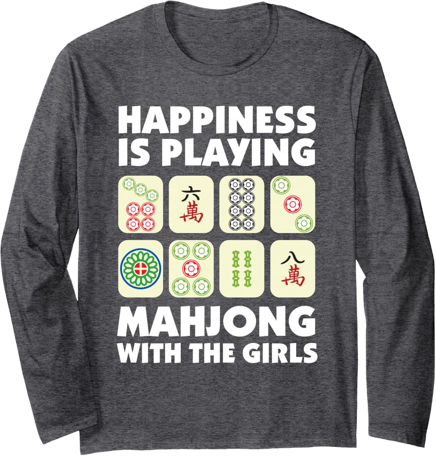 Mahjong Happiness is Playing Mahjong Mah Jongg Long Sleeve T-Shirt - Adult Unisex Dark Heather Grey