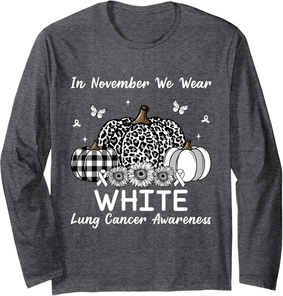 Buffalo Plaid Pumpkin In November We Wear White Lung Cancer Long Sleeve T-Shirt - Adult Unisex Dark Heather Grey