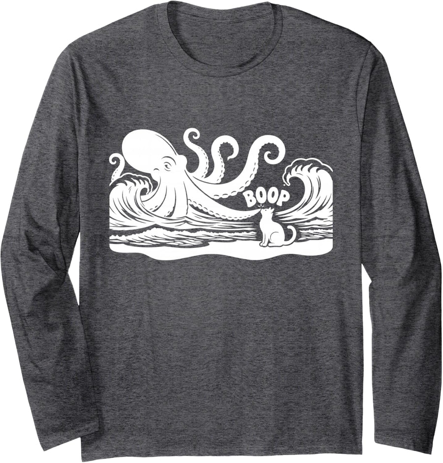 Octopus Boop Cat Under Full Moon Funny Cute Fantasy Night Long Sleeve T-Shirt - Adult Unisex Dark Heather Grey