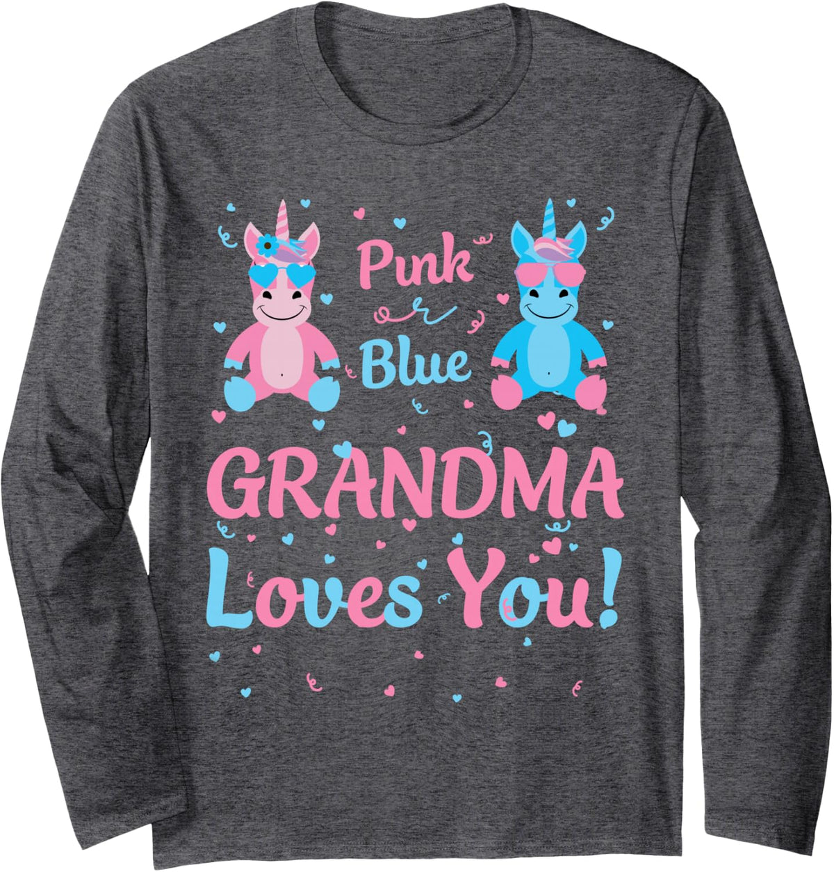 Grandma Gender Reveal Pink Blue Unicorn for Family Matching Long Sleeve T-Shirt - Adult Unisex Dark Heather Grey