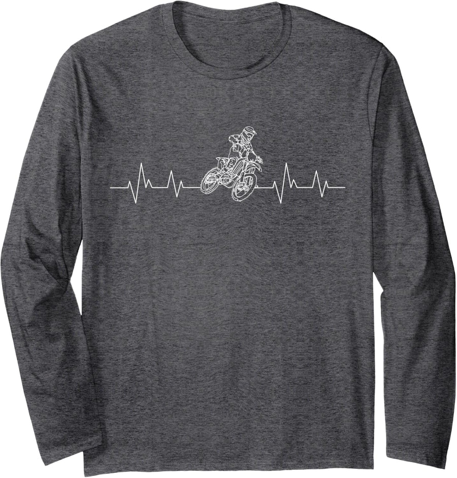 Dirt Bike Heartbeat Motocross Enduro Dirt Biking Boys Men Long Sleeve T-Shirt - Adult Unisex Dark Heather Grey