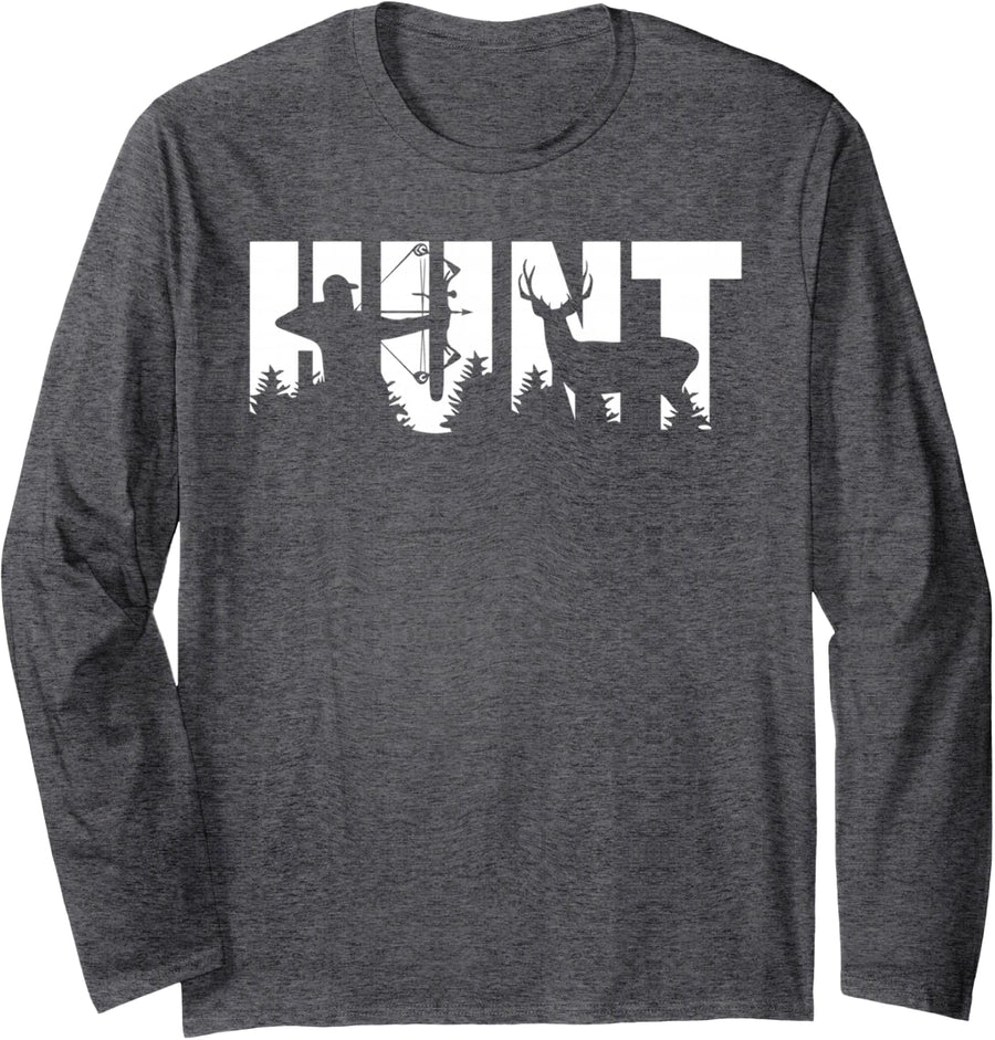 Hunt Bow Hunter Deer Archery Outdoors Silhouette Long Sleeve T-Shirt - Adult Unisex Dark Heather Grey