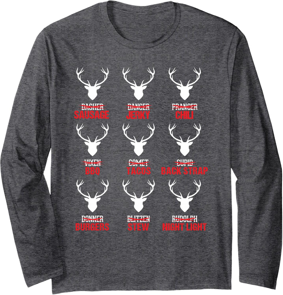Funny Christmas Reindeer Hunter Deer Meat Hunting Gifts Long Sleeve T-Shirt - Adult Unisex Dark Heather Grey