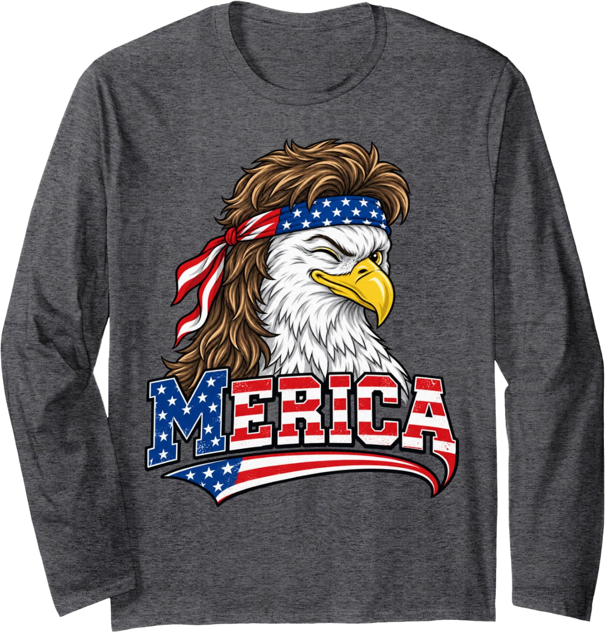 Merica Bald Eagle Mullet Patriotic USA Long Sleeve T-Shirt - Adult Unisex Dark Heather Grey