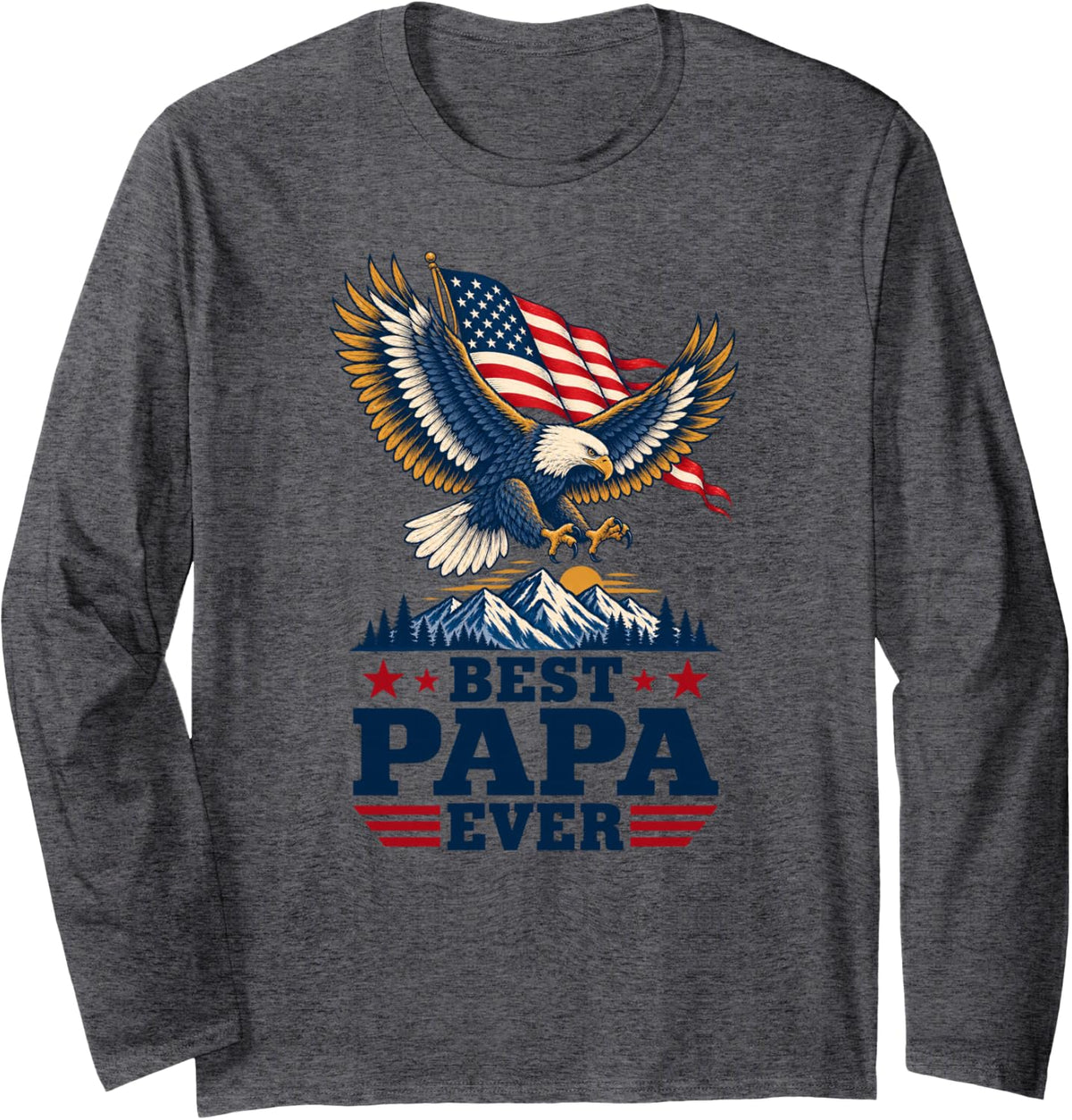 Best Papa Ever Patriotic Bald Eagle American Flag Long Sleeve T-Shirt - Adult Unisex Dark Heather Grey
