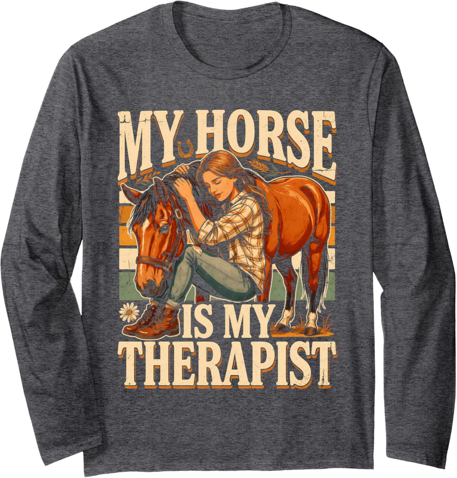 My Horse is My Therapist Equestrian Riding Long Sleeve T-Shirt - Adult Unisex Dark Heather Grey