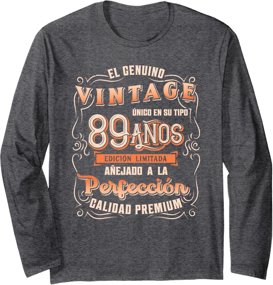Playera Cumpleaños 89 89th Birthday Gift for Men in Spanish Long Sleeve T-Shirt - Adult Unisex Dark Heather Grey