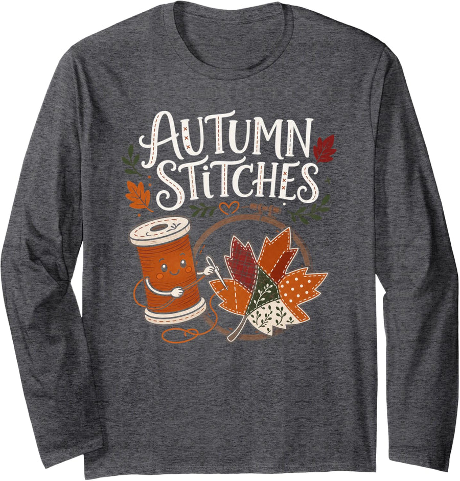 Autumn Quilting Patchwork Maple Leaf Long Sleeve T-Shirt - Adult Unisex Dark Heather Grey
