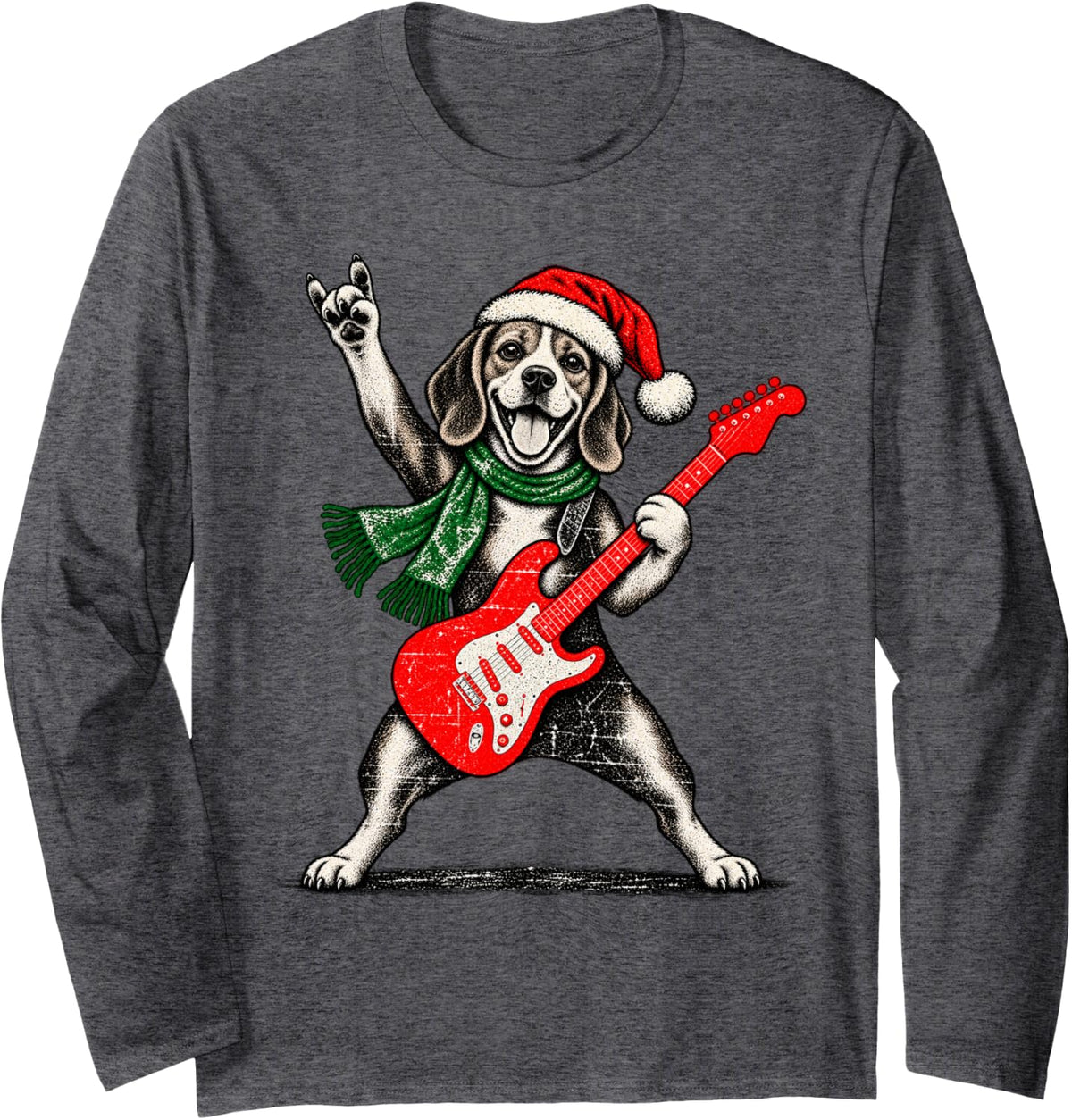 Vintage Beagle Rock Playing Guitar Funny Christmas Long Sleeve T-Shirt - Adult Unisex Dark Heather Grey