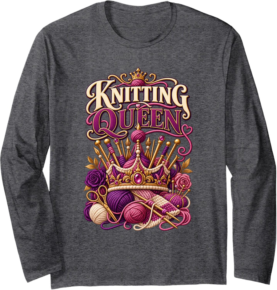 Knitting Queen Funny Knitter Fiber Artist Knitting Long Sleeve T-Shirt - Adult Unisex Dark Heather Grey
