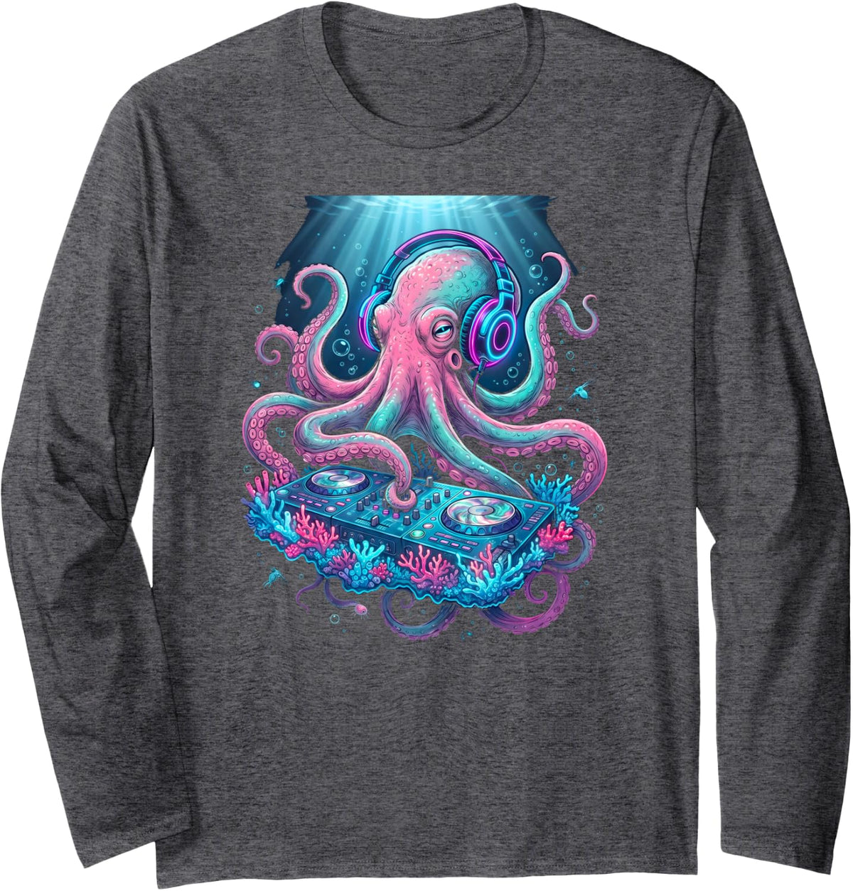Cool Octopus DJ Techno Rave Music Vaporwave EDM Colorful Long Sleeve T-Shirt - Adult Unisex Dark Heather Grey