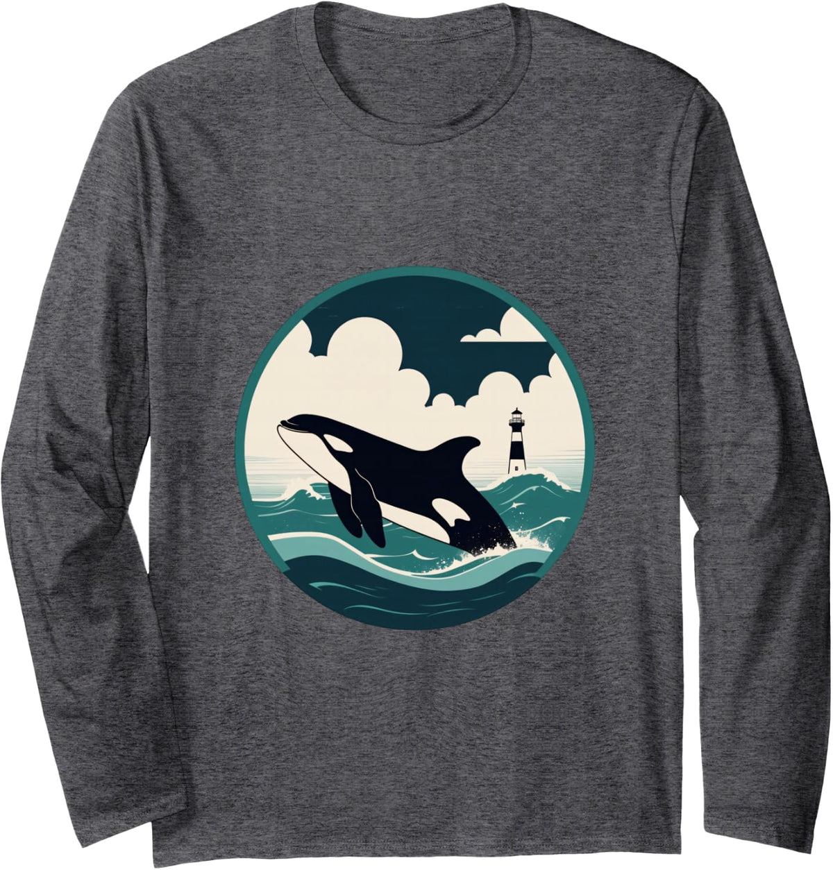 Orca Whale Ocean Scene Long Sleeve T-Shirt - Adult Unisex Dark Heather Grey
