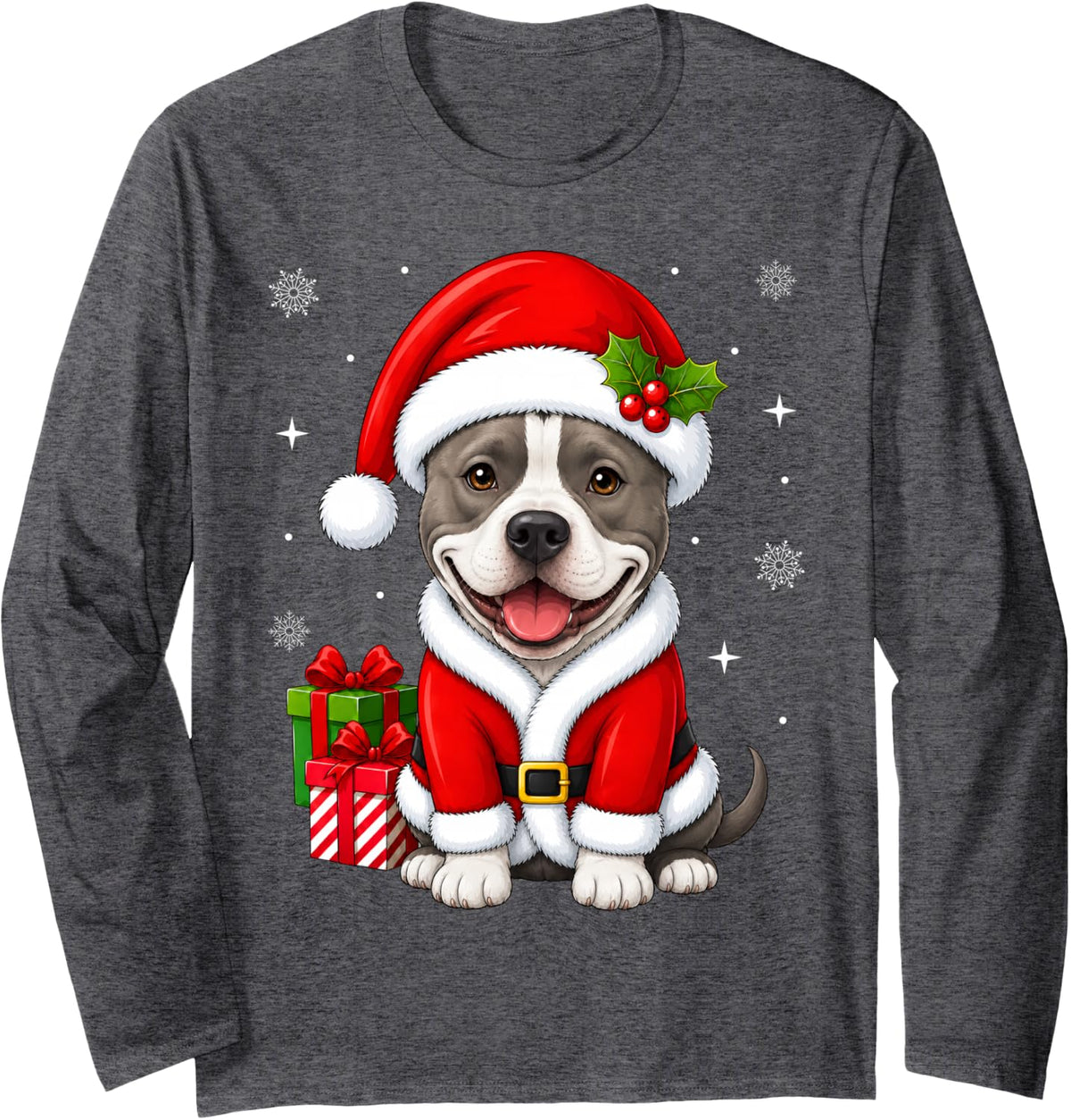 American Staffordshire Terrier Dog Christmas Santa Costume Long Sleeve T-Shirt - Adult Unisex Dark Heather Grey