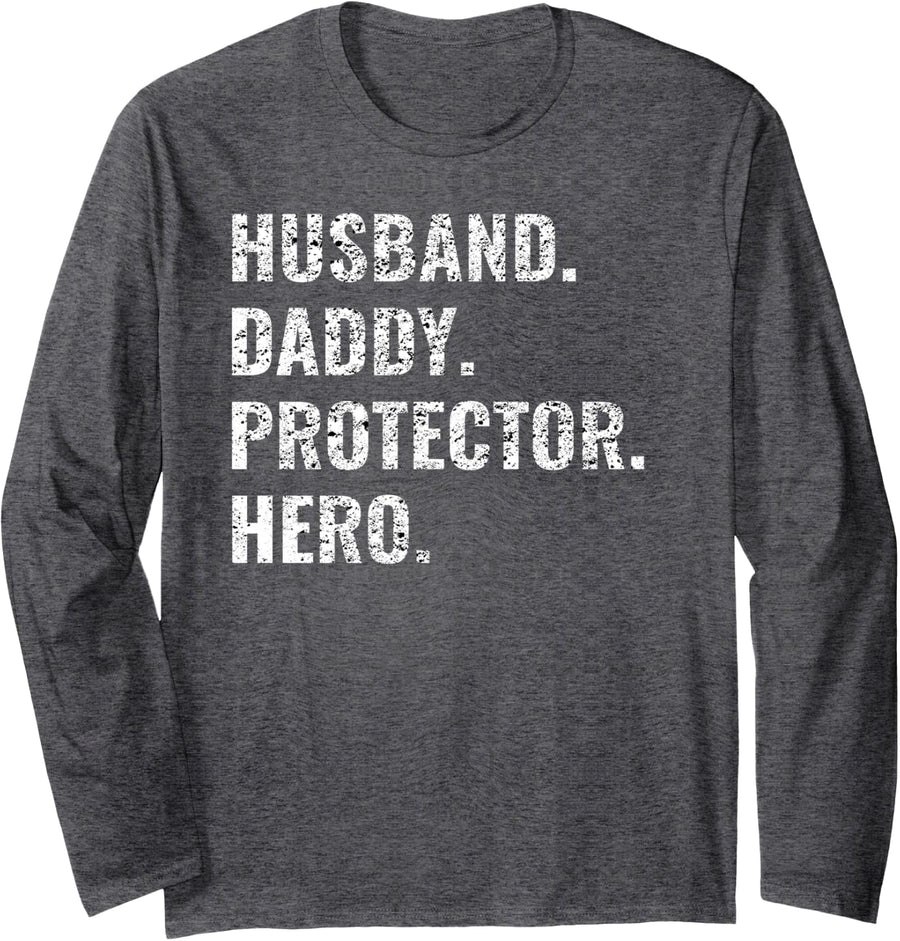 Husband Daddy Protector Hero Vintage Father's Day Long Sleeve T-Shirt - Adult Unisex Dark Heather Grey