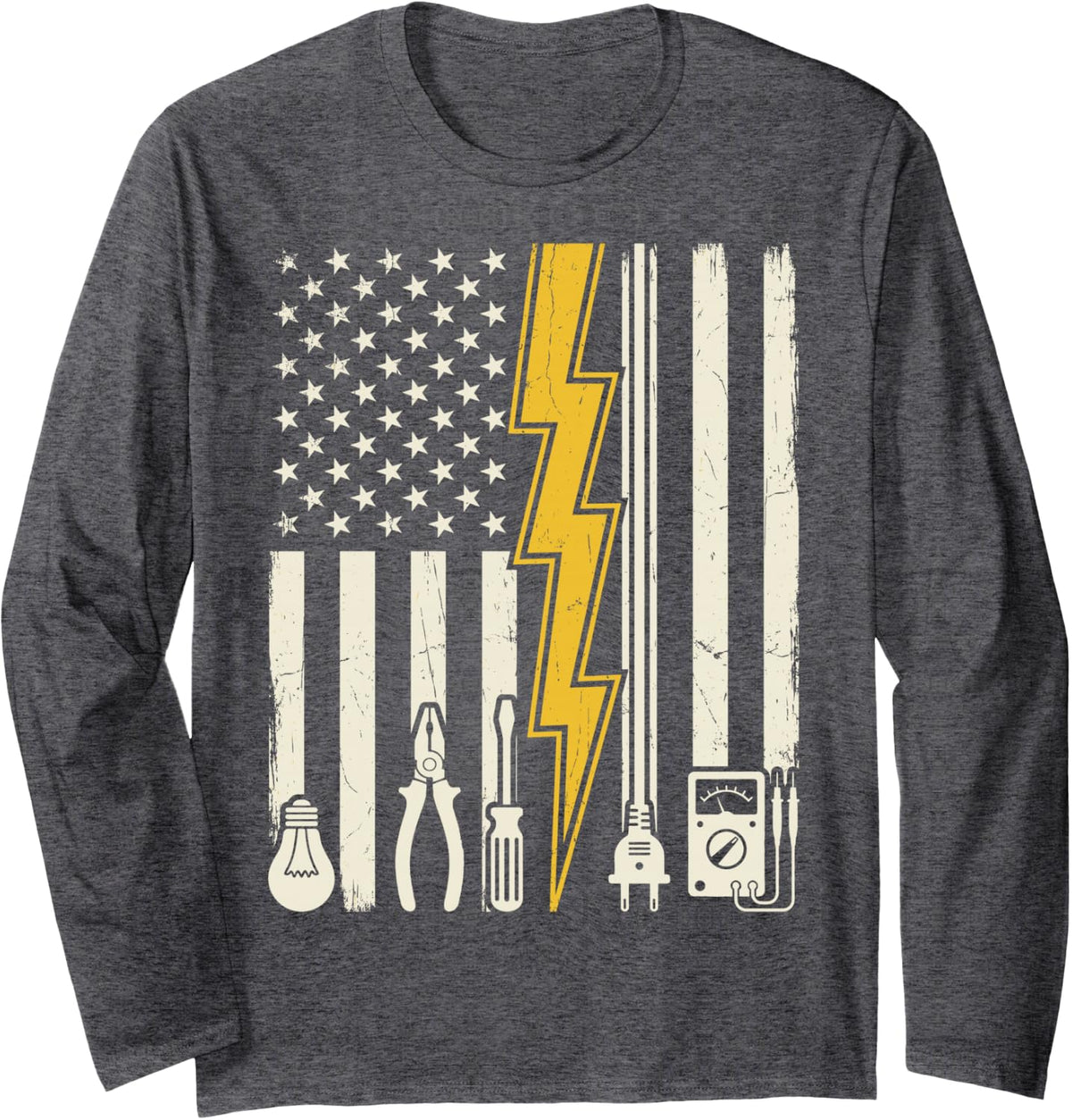 Electrician American US Flag Electrical Tools Lightning Tee Long Sleeve T-Shirt - Adult Unisex Dark Heather Grey