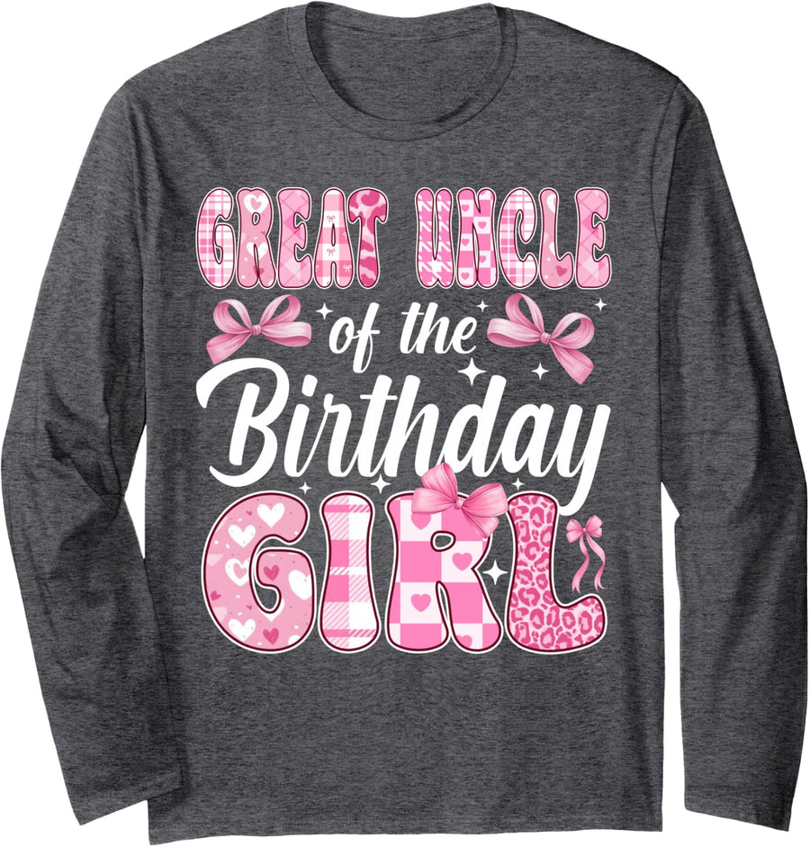 Great Uncle of The Birthday Girl Family Pink Coquette Bow Long Sleeve T-Shirt - Adult Unisex Dark Heather Grey