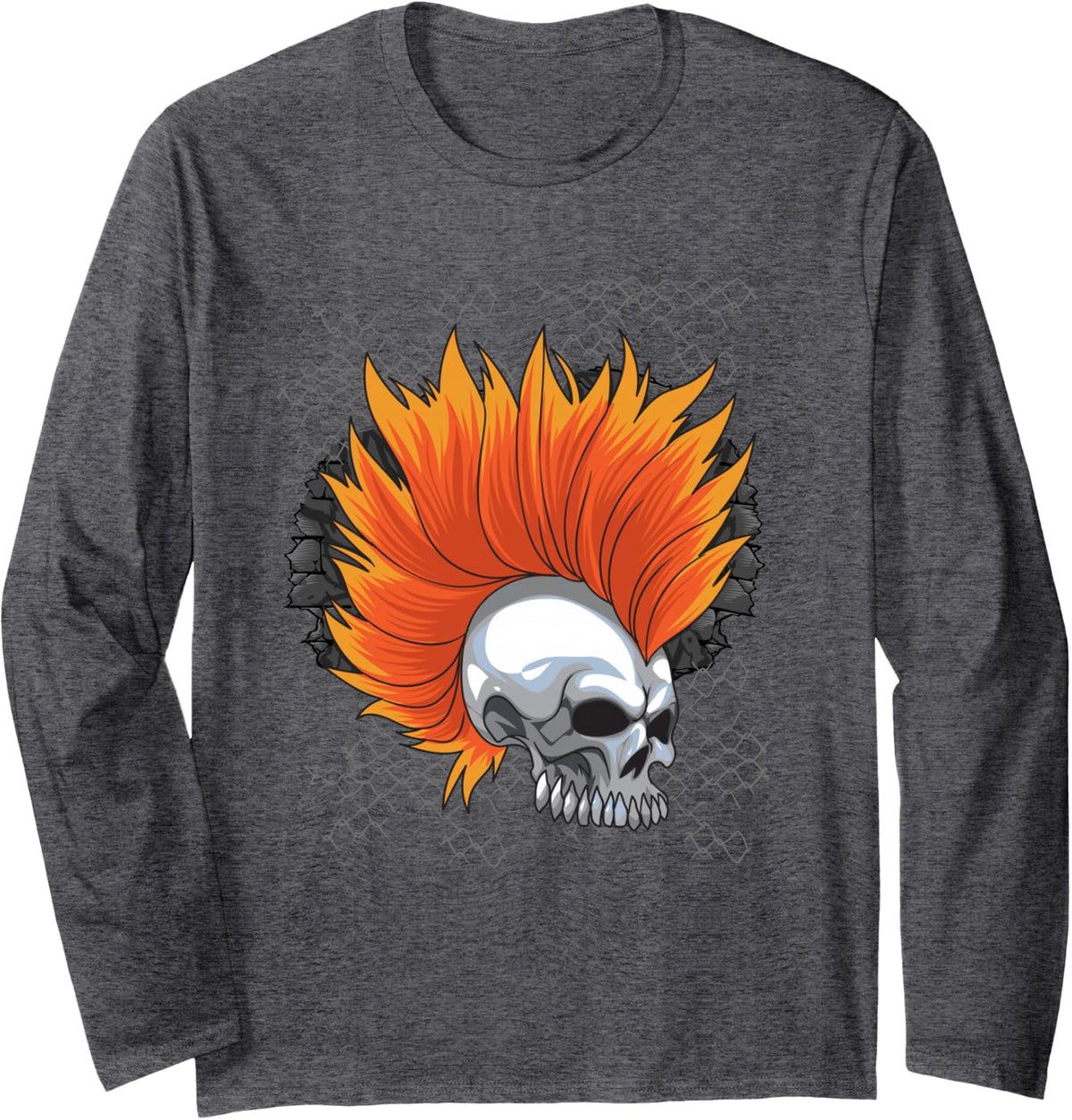 Mohawk Skull Punk Rock Gothic Heavy Metal Design Halloween Long Sleeve T-Shirt - Adult Unisex Dark Heather Grey