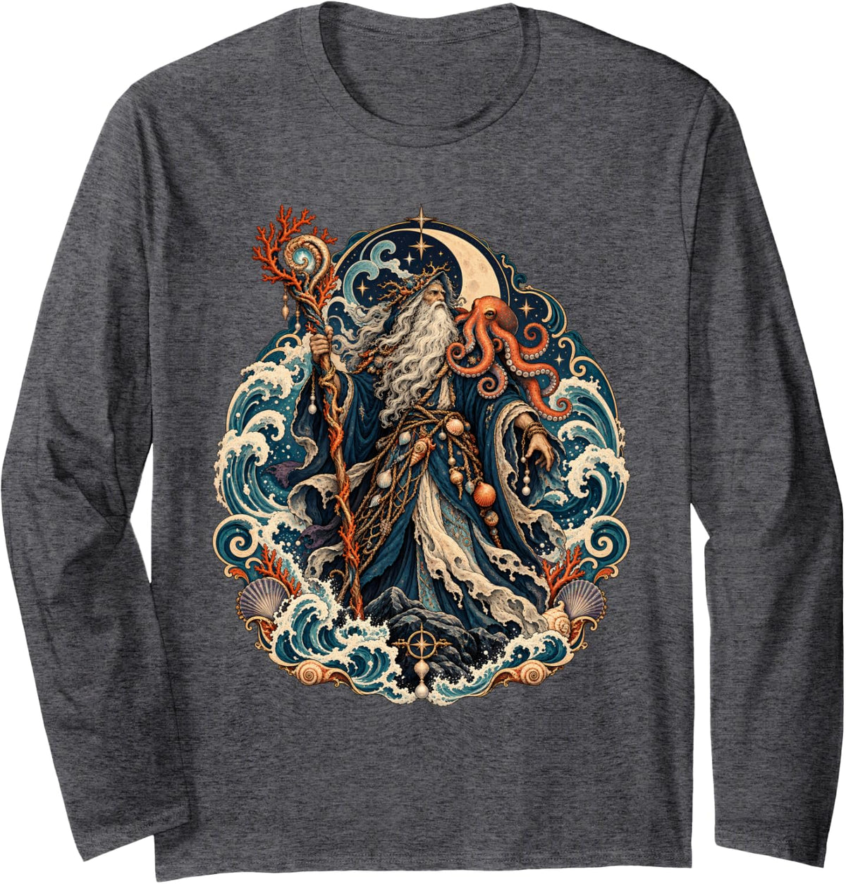 Sea Sorcerer Octopus Ocean Magic Fantasy Wizard Long Sleeve T-Shirt - Adult Unisex Dark Heather Grey