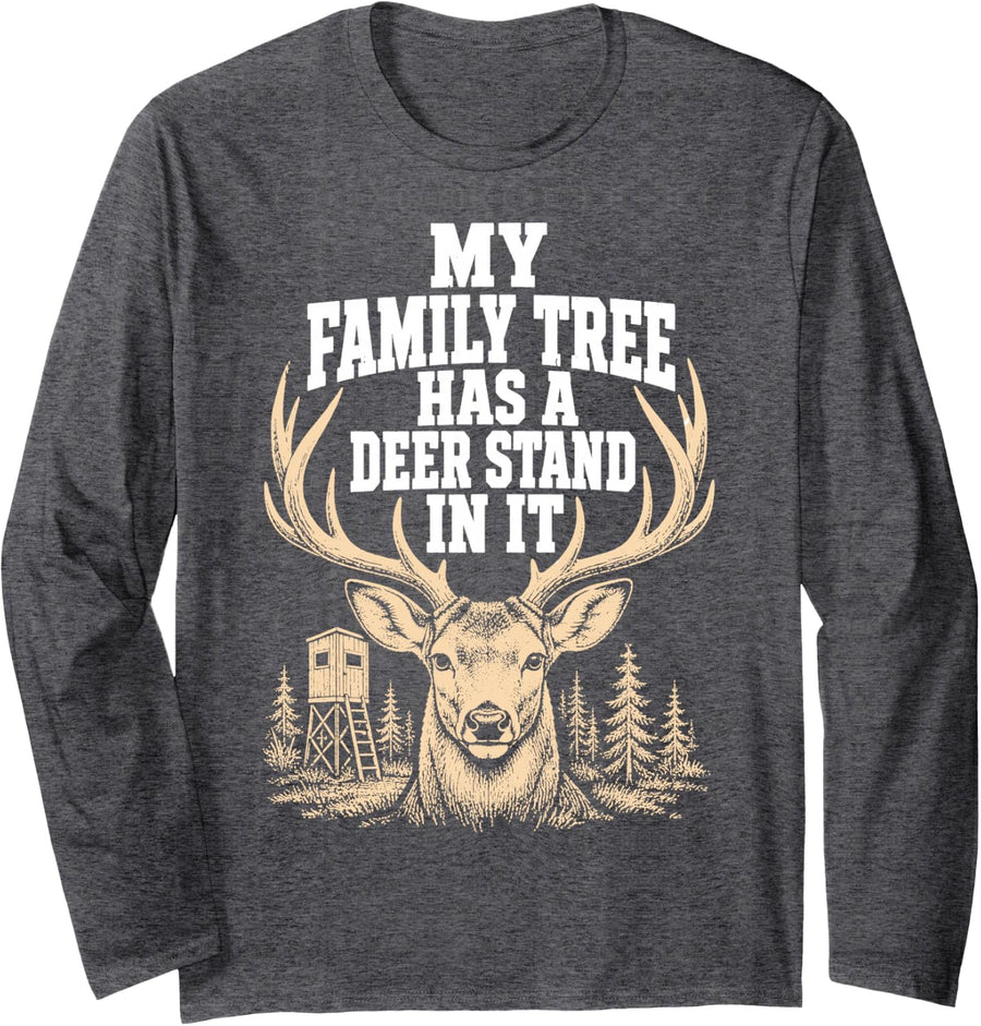 Deer Stand Hunting Fun Whitetail Buck Long Sleeve T-Shirt - Adult Unisex Dark Heather Grey