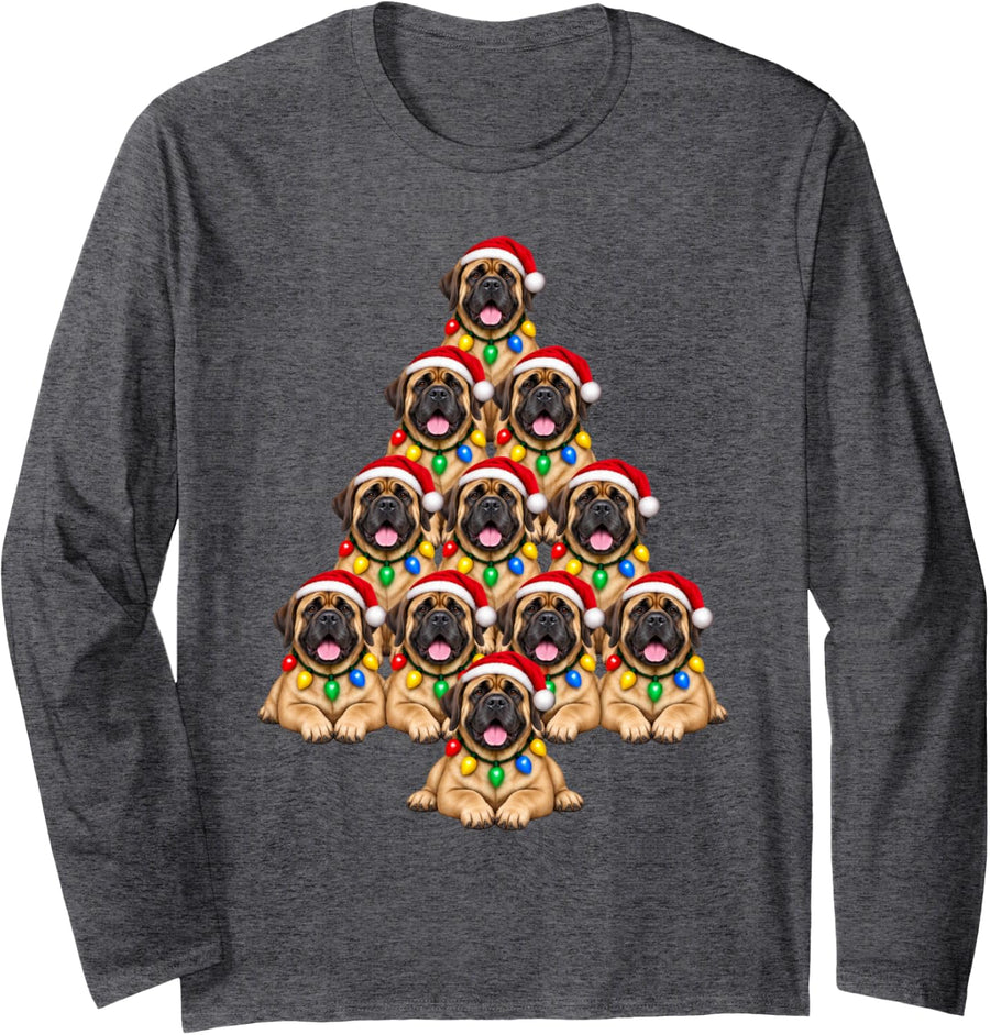 Mastiff Dog Christmas Tree Santa Hat Pet Dogs Lover Xmas Long Sleeve T-Shirt - Adult Unisex Dark Heather Grey