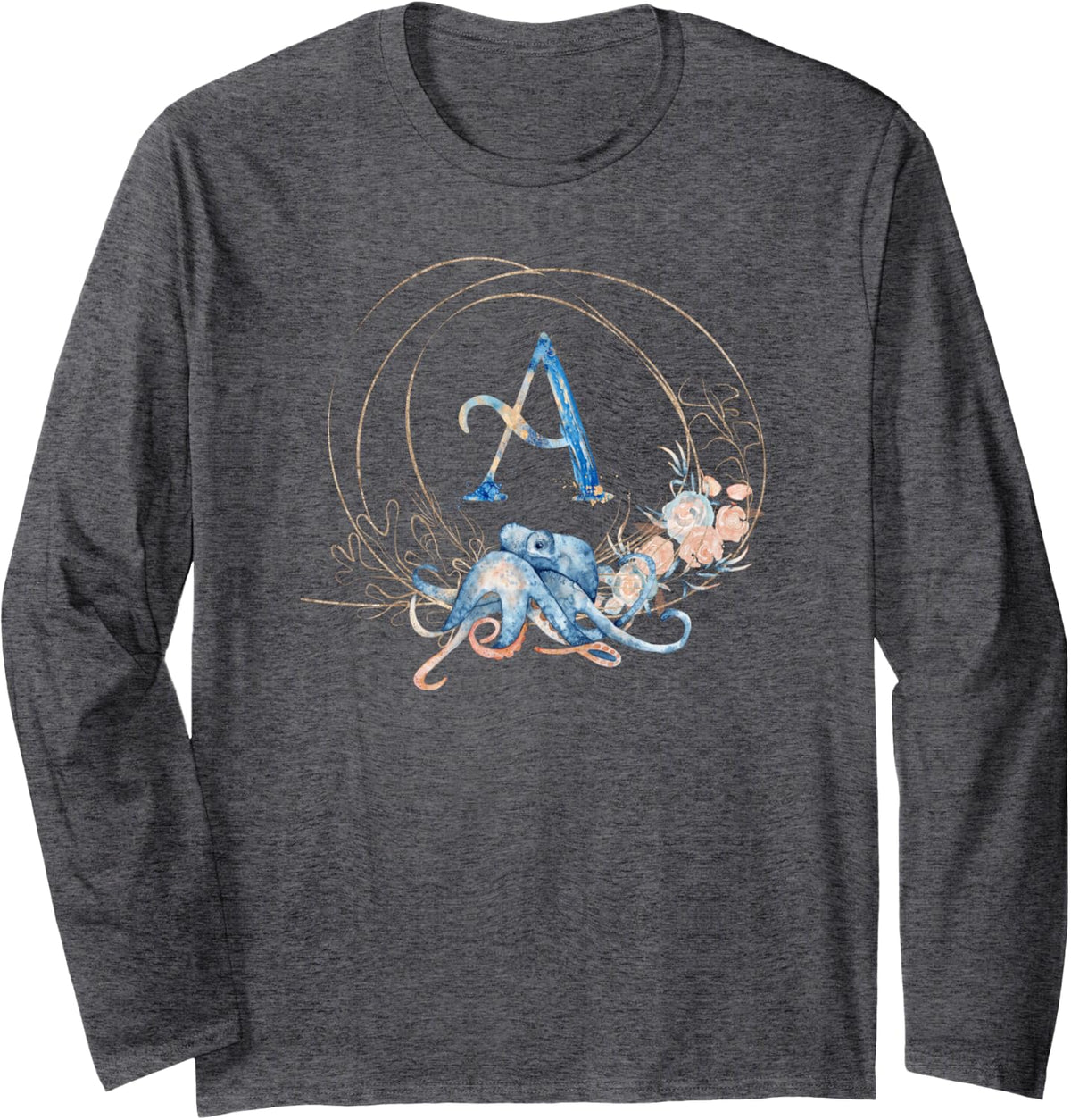 Under The Blue Sea Octopus Letter A Monogram Long Sleeve T-Shirt - Adult Unisex Dark Heather Grey