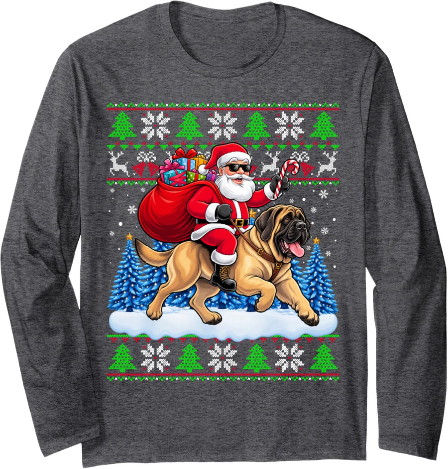 Christmas Santa Riding English Mastiff Kids Girls Boys Xmas Long Sleeve T-Shirt - Adult Unisex Dark Heather Grey