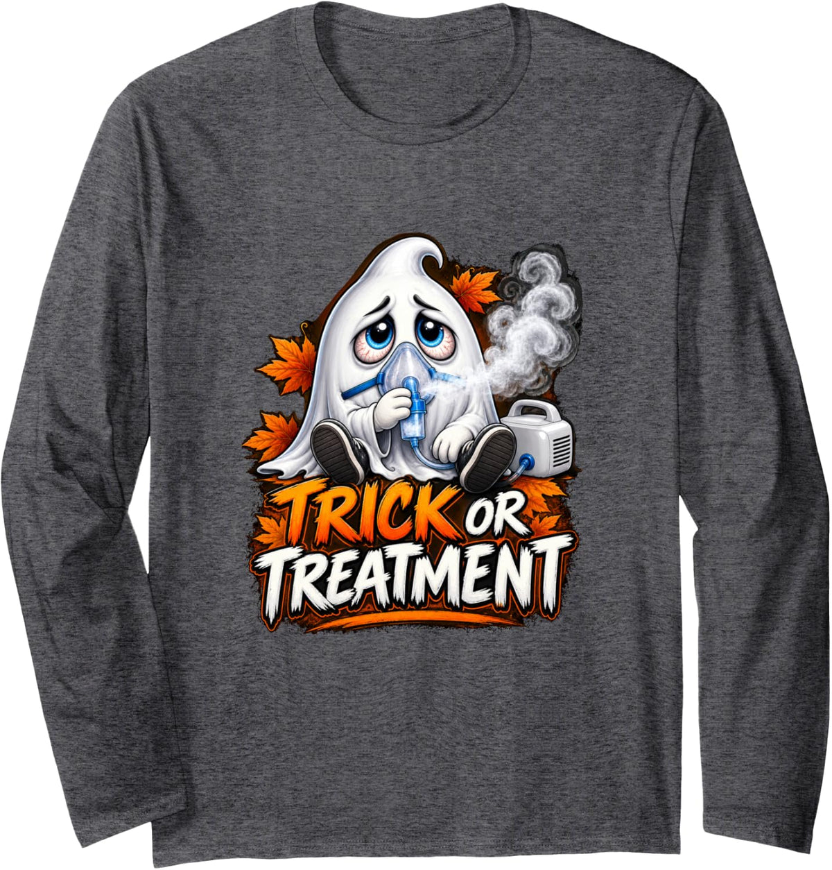 Ghost Trick or Treatment Halloween Respiratory Therapy Long Sleeve T-Shirt - Adult Unisex Dark Heather Grey
