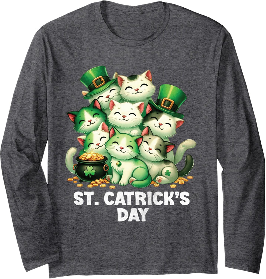 St Patricks Catricks Day Cats Saint Pattys Women Men Kids Long Sleeve T-Shirt - Adult Unisex Dark Heather Grey