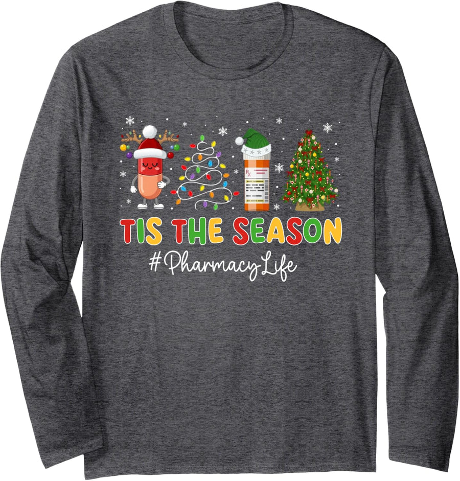 Pharmacy Tech Christmas Tree Pills Xmas Tis The Season Long Sleeve T-Shirt - Adult Unisex Dark Heather Grey