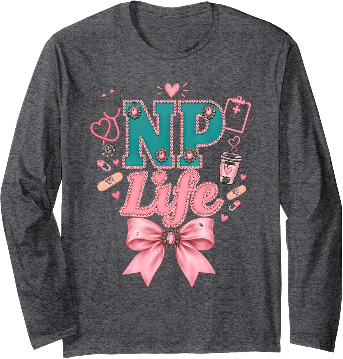 NP Life Coquette Pink Bow Nurse Practitioner Long Sleeve T-Shirt - Adult Unisex Dark Heather Grey