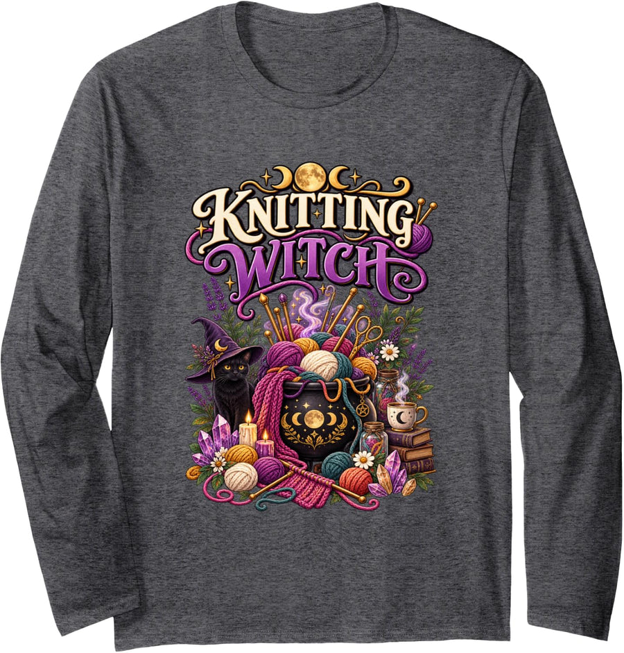Knitting Witch Funny Knitter Fiber Artist Knitting Long Sleeve T-Shirt - Adult Unisex Dark Heather Grey