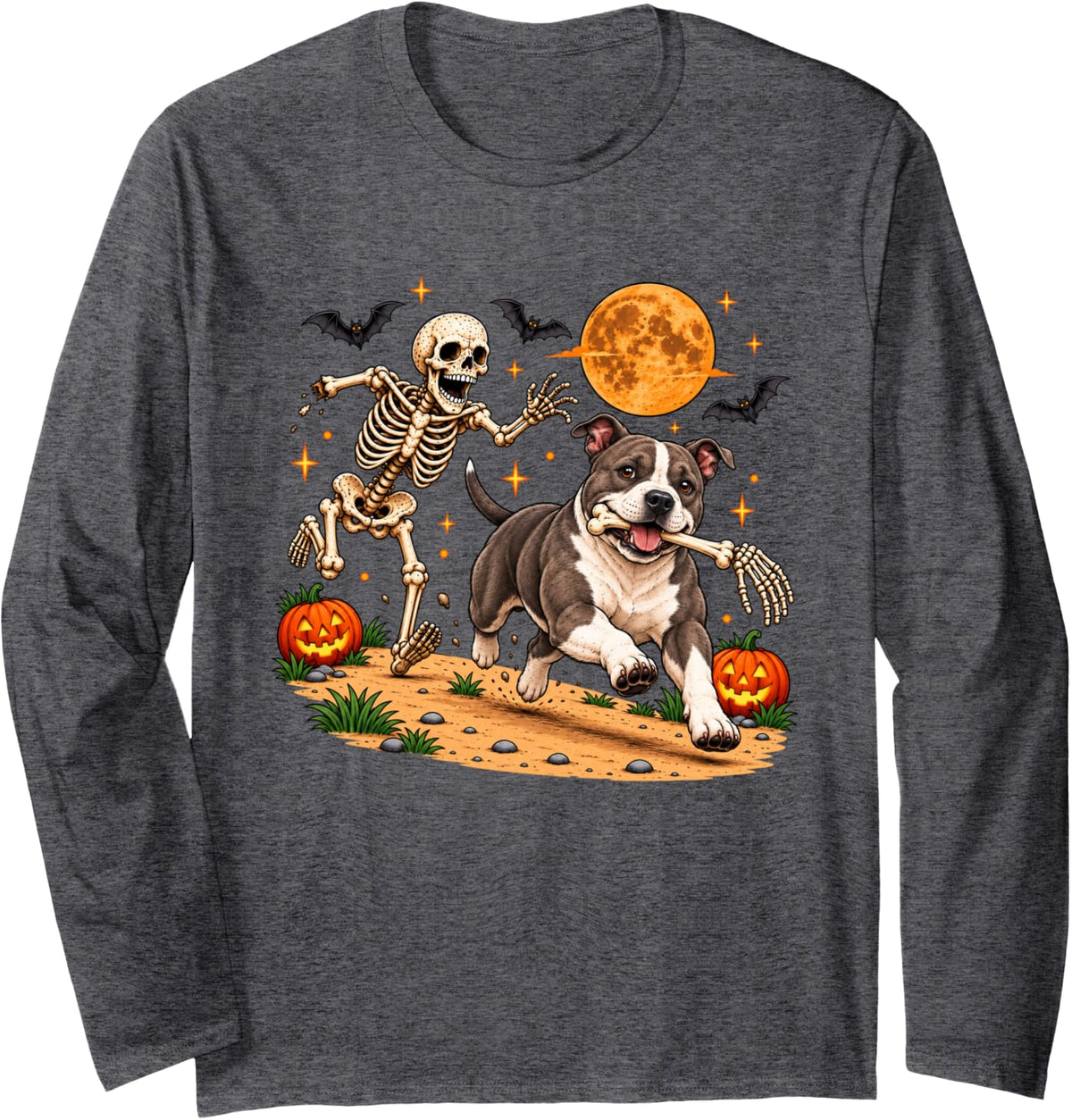 Funny Skeleton Chasing American Staffordshire Terrier Long Sleeve T-Shirt - Adult Unisex Dark Heather Grey