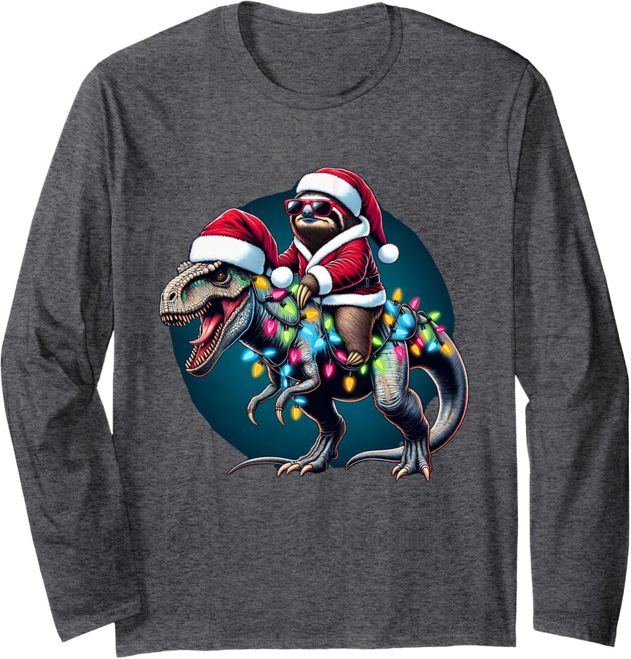 Christmas Lights Sloth Riding T Rex Long Sleeve T-Shirt - Adult Unisex Dark Heather Grey